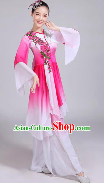 Chinese Traditional Umbrella Dance Stage Show Rosy Dress Classical Dance Fan Dance Costume for Women