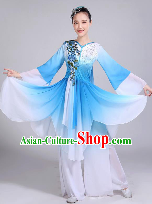 Chinese Traditional Umbrella Dance Stage Show Blue Dress Classical Dance Fan Dance Costume for Women