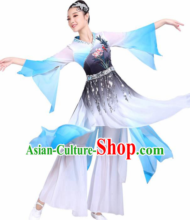 Chinese Traditional Umbrella Dance Blue Dress Classical Dance Fan Dance Costume for Women