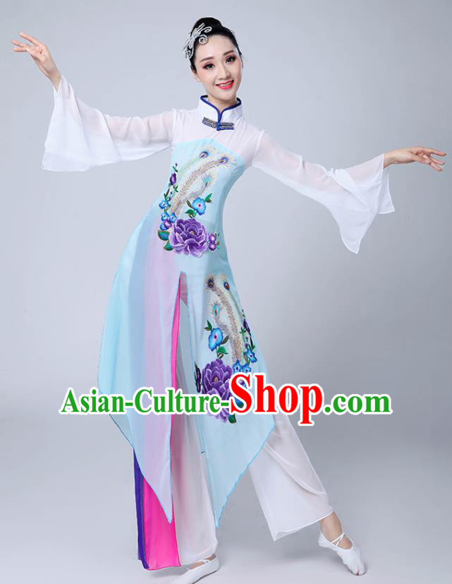 Chinese Traditional Umbrella Dance Stage Show Light Blue Dress Classical Dance Fan Dance Costume for Women