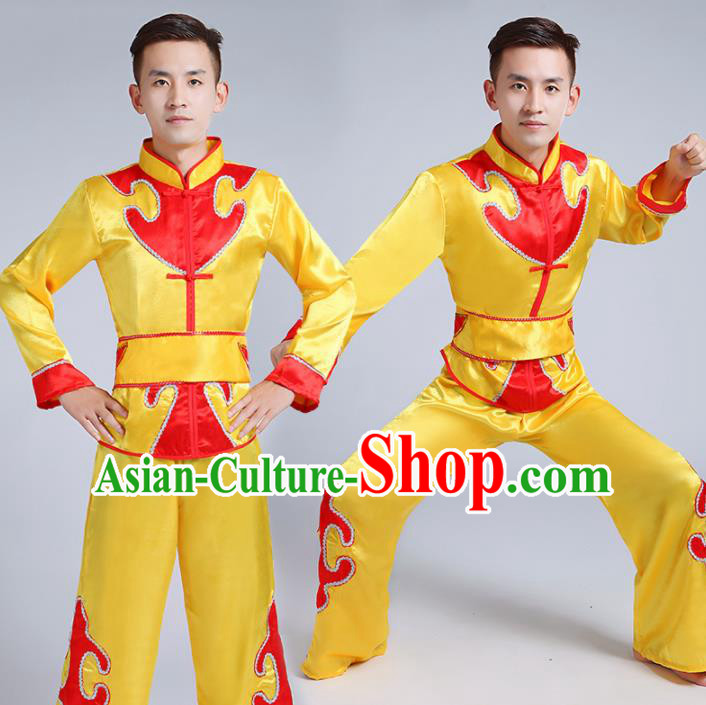 Traditional Chinese Drum Dance Folk Dance Yellow Outfits Fan Dance Costume for Men