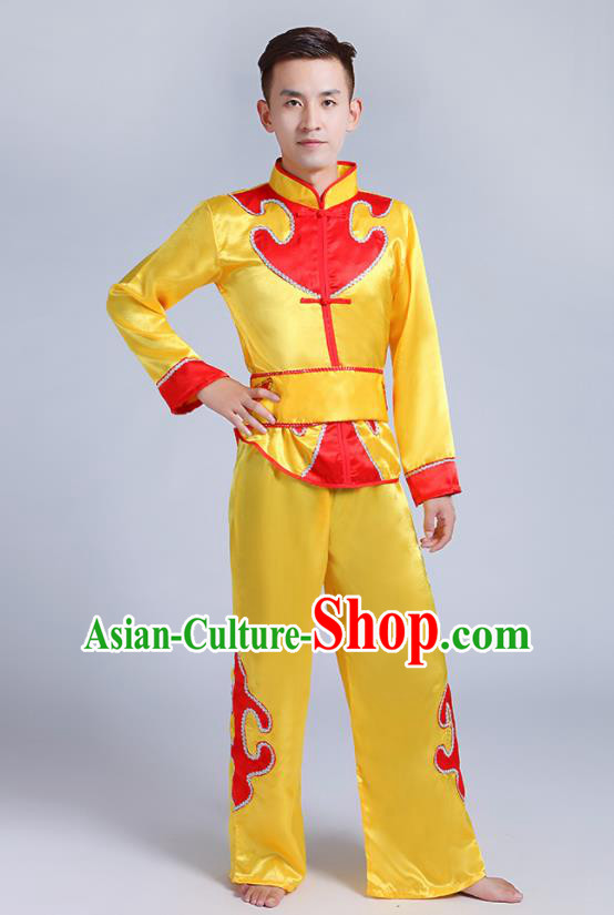 Traditional Chinese Drum Dance Folk Dance Yellow Outfits Fan Dance Costume for Men