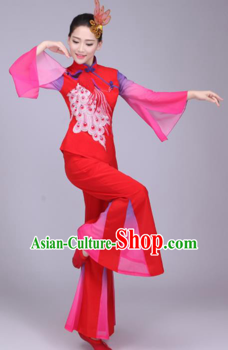 Chinese Traditional Folk Dance Fan Dance Red Outfits Yangko Group Dance Costume for Women