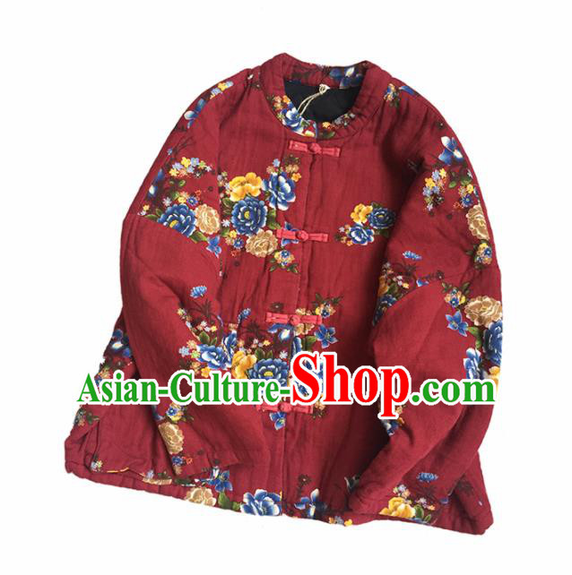 Chinese Traditional Tang Suit Printing Peony Purplish Red Cotton Wadded Jacket National Upper Outer Garment Costume for Women