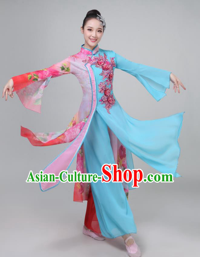 Chinese Traditional Umbrella Dance Light Blue Dress Classical Dance Round Fan Dance Costume for Women