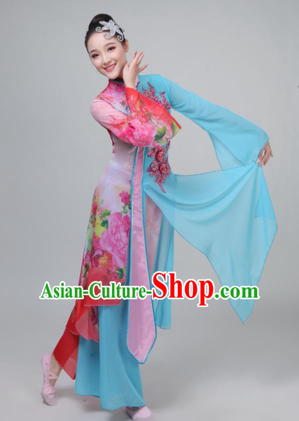 Chinese Traditional Umbrella Dance Light Blue Dress Classical Dance Round Fan Dance Costume for Women