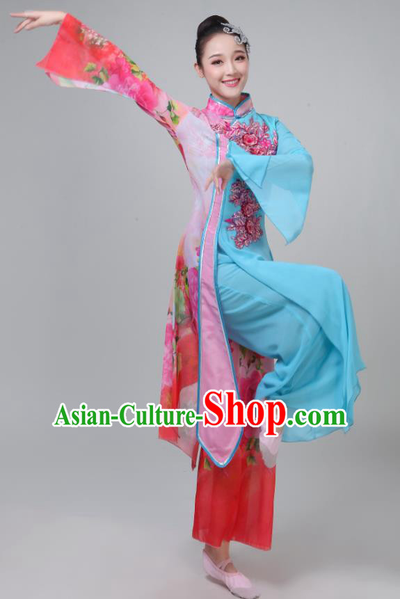 Chinese Traditional Umbrella Dance Light Blue Dress Classical Dance Round Fan Dance Costume for Women
