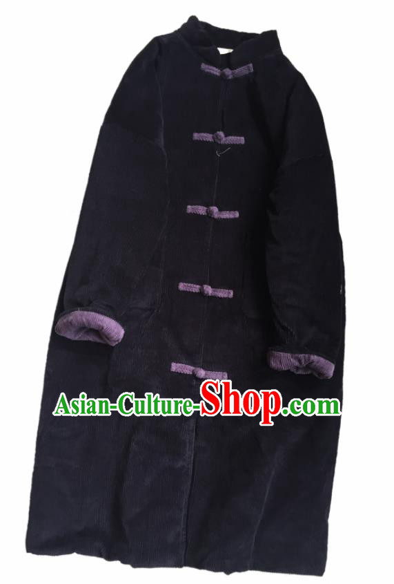 Chinese Traditional Tang Suit Navy Corduroy Cotton Wadded Coat National Outer Garment Costume for Women