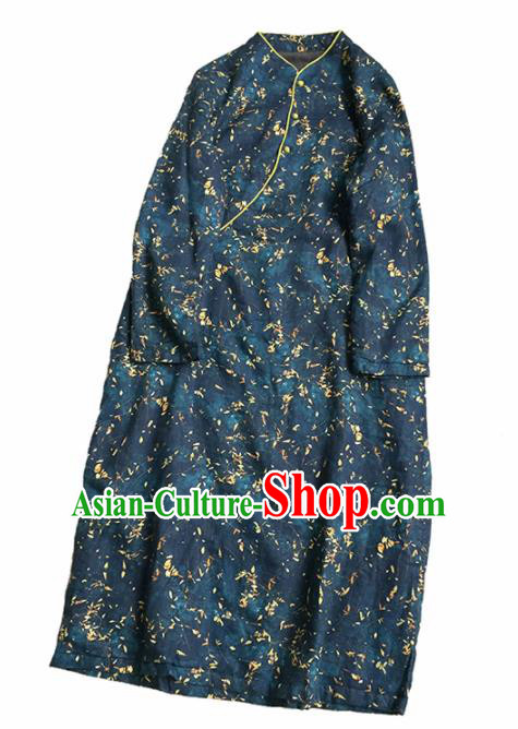 Chinese Traditional Tang Suit Printing Navy Linen Cheongsam National Costume Qipao Dress for Women