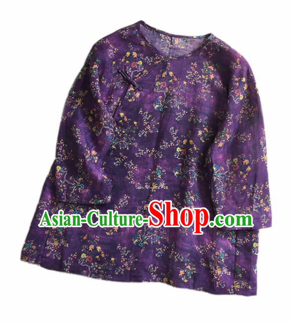 Chinese Traditional Tang Suit Printing Flowers Purple Ramie Blouse National Upper Outer Garment Costume for Women