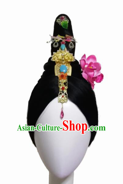 Traditional Chinese Classical Dance Wang Zhaojun Hair Accessories Fan Dance Wig Chignon Headdress for Women