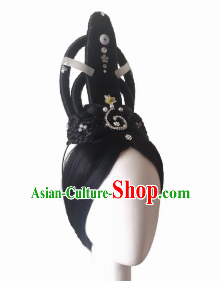 Traditional Chinese Classical Dance Yu Ren Dance Confucius Hair Accessories Fan Dance Wig Chignon Headdress for Women