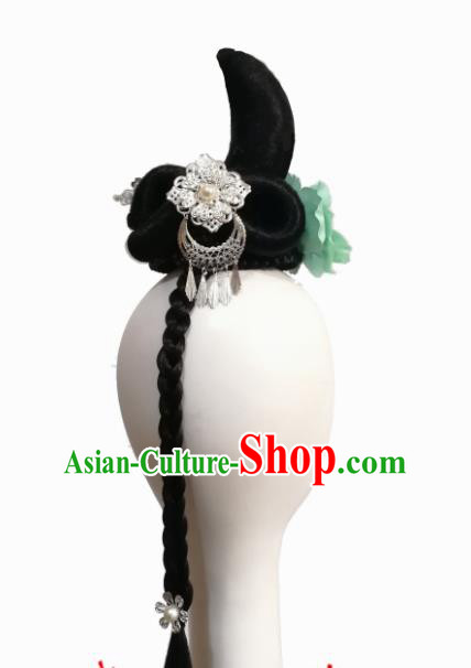 Traditional Chinese Classical Dance Xi Shang Mei Shao Hair Accessories Fan Dance Wig Chignon Headdress for Women
