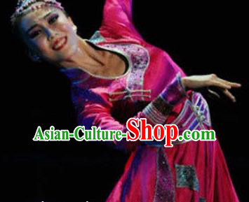 Chinese Traditional Mongol Ethnic Dance Rosy Dress Mongolian Nationality Dance Costume for Women