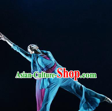 Chinese Traditional Classical Dance Fan Dance Blue Outfits Group Dance Costume for Women