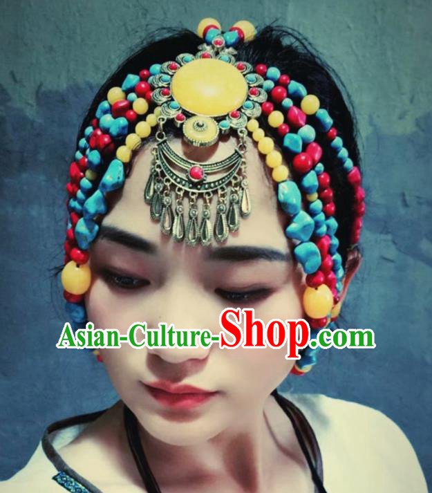 Chinese Traditional Zang Ethnic Dance Beads Hair Accessories Tibetan Nationality Headwear for Women