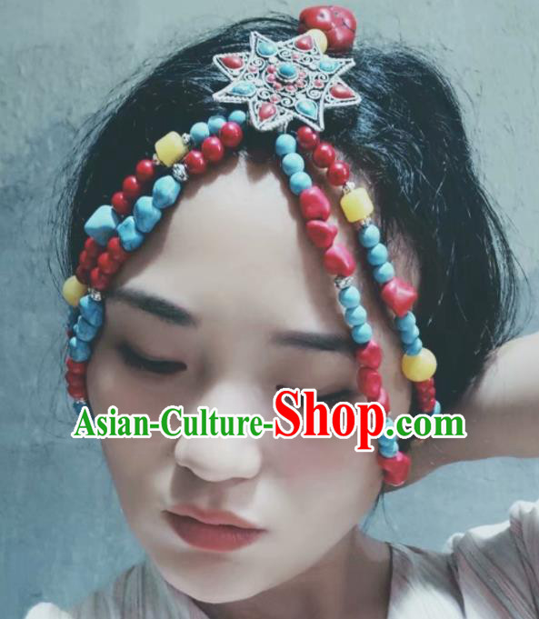 Chinese Traditional Zang Ethnic Colorful Stone Hair Accessories Tibetan Nationality Headwear for Women