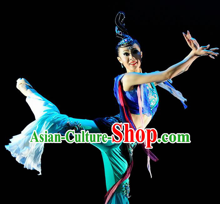 Chinese Traditional Classical Dance Dunhuang Flying Dance Blue Outfits Group Dance Costume for Women