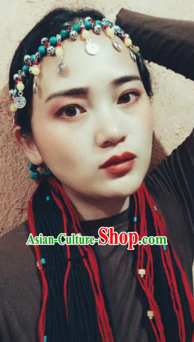 Chinese Traditional Zang Ethnic Blue Beads Tassel Hair Clasp Hair Accessories Tibetan Nationality Headwear for Women