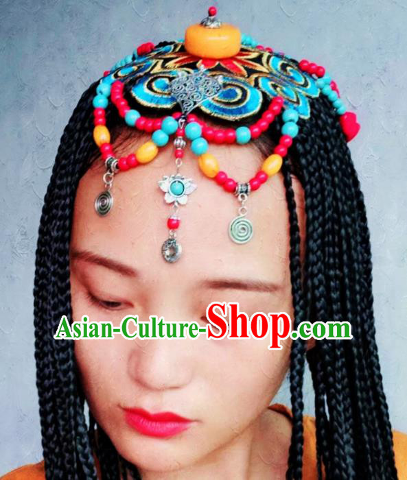 Chinese Traditional Tibetan Ethnic Blue Embroidered Hair Clasp Hair Accessories Zang Minority Nationality Headwear for Women