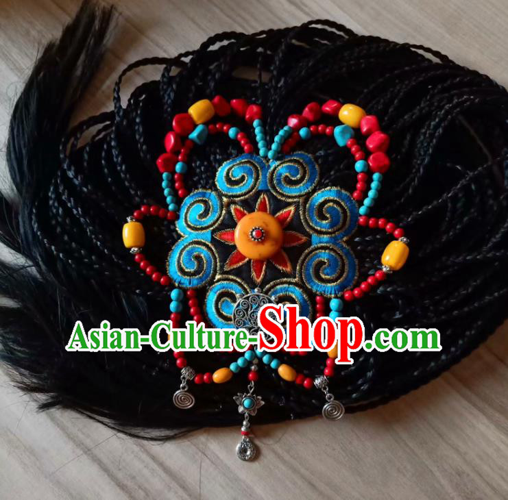 Chinese Traditional Tibetan Ethnic Blue Embroidered Hair Clasp Hair Accessories Zang Minority Nationality Headwear for Women