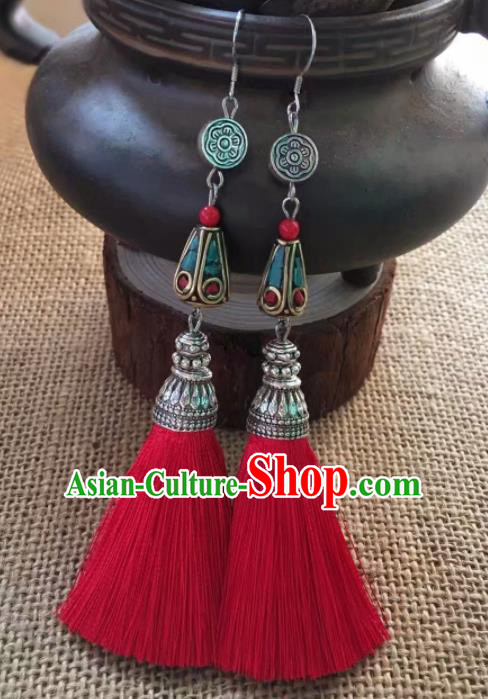 Chinese Traditional Ethnic Ear Accessories Nationality Red Wool Yarn Earrings for Women