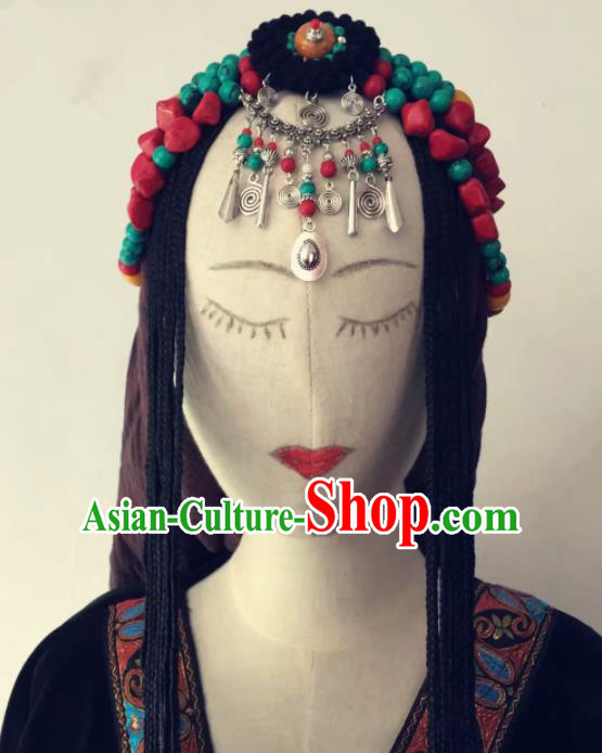 Chinese Traditional Tibetan Ethnic Braid Tassel Hair Accessories Zang Minority Nationality Headwear for Women