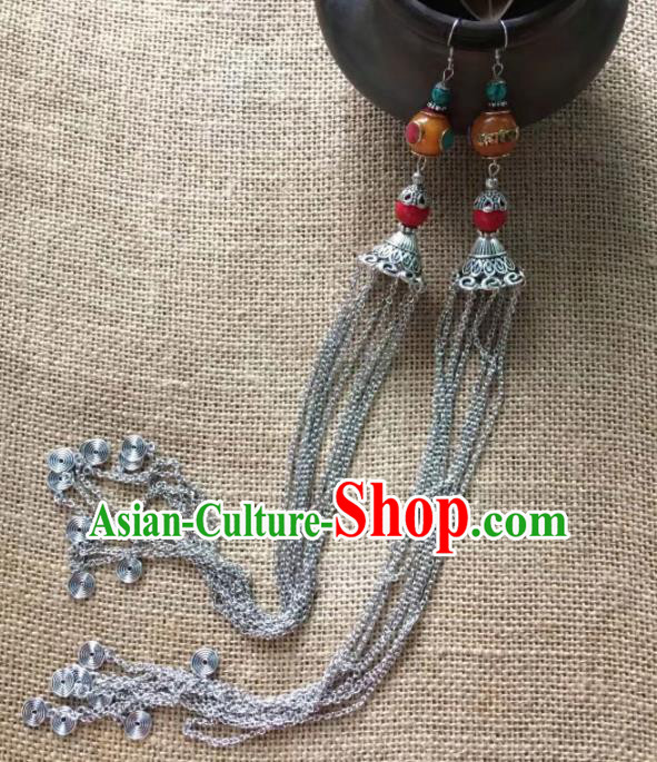 Chinese Traditional Ethnic Ear Accessories Nationality Silver Long Tassel Earrings for Women