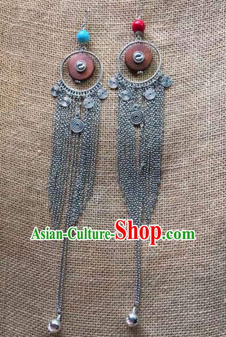 Chinese Traditional Ethnic Ear Accessories Nationality Silver Bells Tassel Earrings for Women