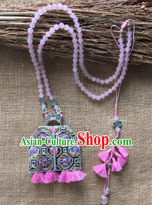 Chinese Traditional Ethnic Pink Embroidered Necklace Accessories Nationality Tassel Necklet for Women