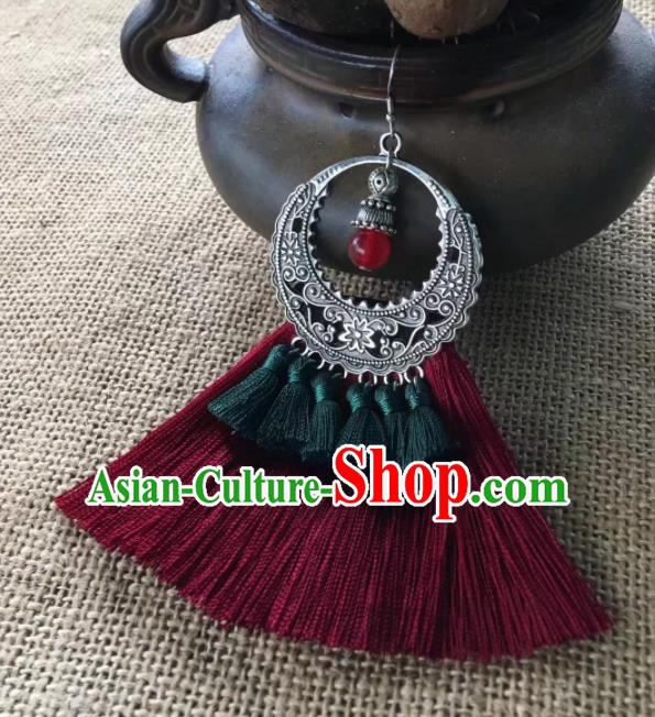 Chinese Traditional Ethnic Silver Ear Accessories Miao Nationality Red Tassel Earrings for Women