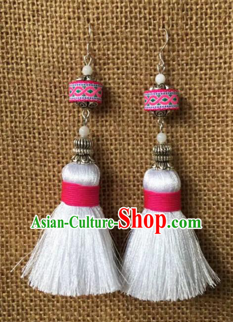 Chinese Traditional Ethnic White Tassel Ear Accessories Miao Nationality Embroidered Earrings for Women