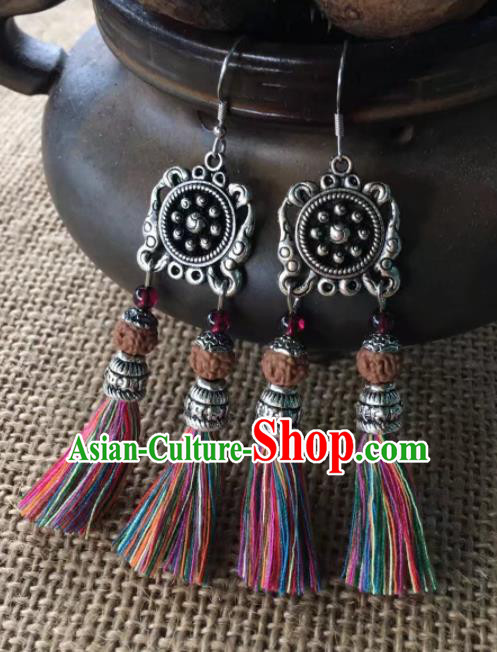 Chinese Traditional Ethnic Wool Yarn Tassel Ear Accessories Miao Nationality Silver Earrings for Women