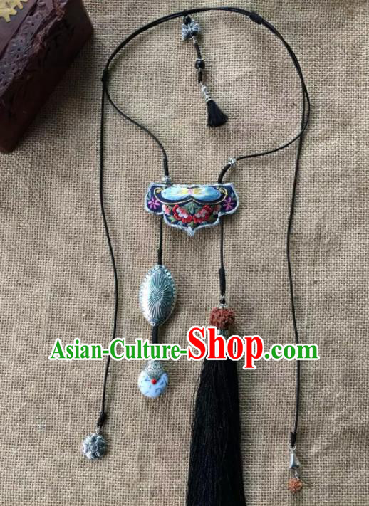 Chinese Traditional Ethnic Tassel Embroidered Necklace Accessories Nationality Silver Necklet Pendant for Women