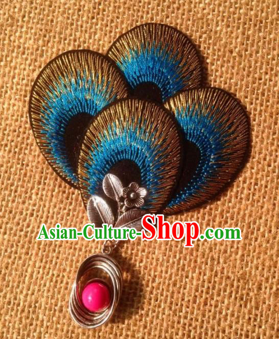 Chinese Traditional Ethnic Blue Embroidered Hair Claw Hair Accessories Minority Peacock Dance Headwear for Women