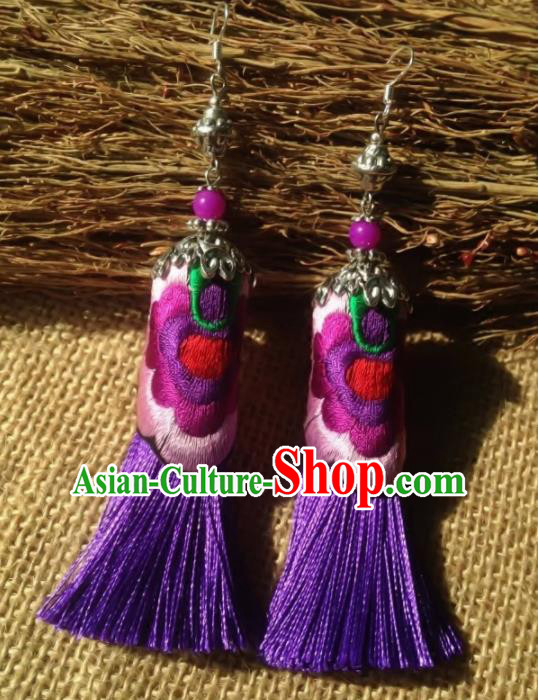 Chinese Traditional Ethnic Purple Embroidered Ear Accessories Miao Nationality Tassel Earrings for Women