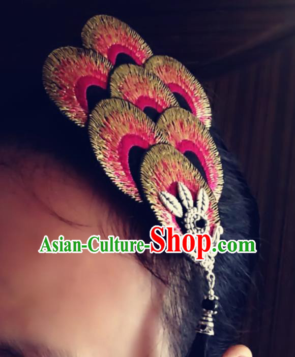 Chinese Traditional Ethnic Rosy Embroidered Hair Claw Hair Accessories Minority Peacock Dance Headwear for Women