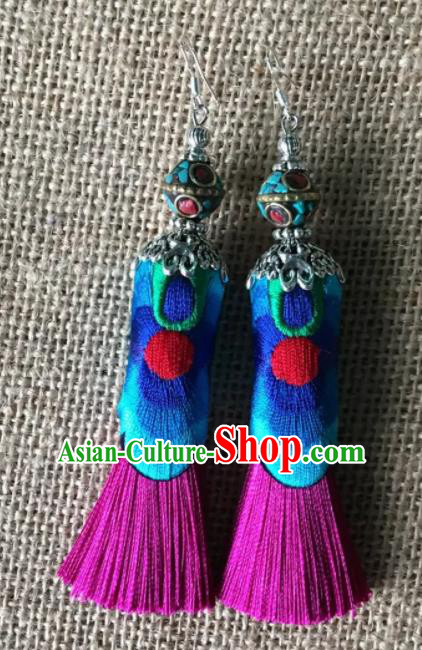 Chinese Traditional Ethnic Embroidered Ear Accessories Miao Nationality Rosy Tassel Earrings for Women