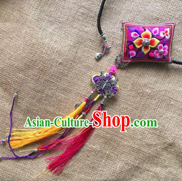 Chinese Traditional Ethnic Purple Embroidered Necklet Accessories Nationality Tassel Necklace for Women