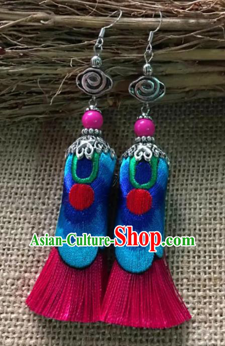 Chinese Traditional Ethnic Blue Embroidered Ear Accessories Miao Nationality Silver Earrings for Women