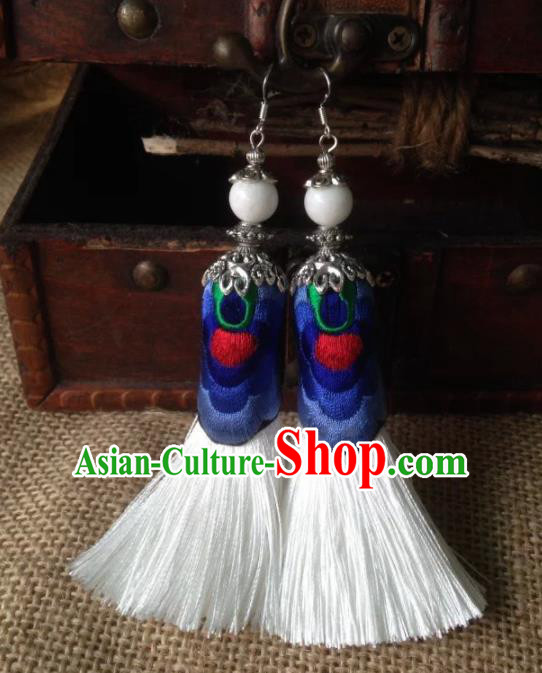 Chinese Traditional Ethnic White Tassel Ear Accessories Miao Nationality Embroidered Earrings for Women