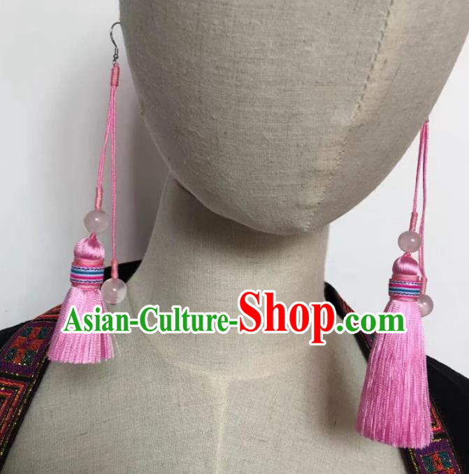 Chinese Traditional Ethnic Pink Tassel Ear Accessories Miao Nationality Earrings for Women