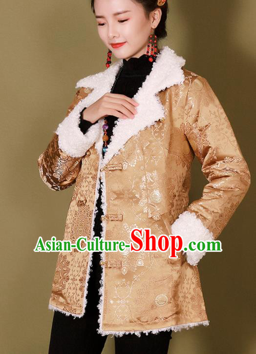 Traditional Chinese Zang Ethnic Golden Cotton Wadded Jacket Tibetan Minority Costume for Women