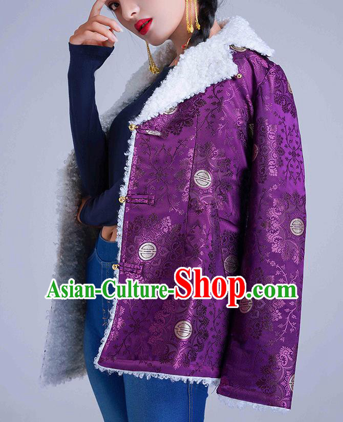 Traditional Chinese Zang Ethnic Purple Cotton Wadded Jacket Tibetan Minority Costume for Women