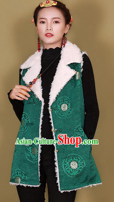 Traditional Chinese Zang Ethnic Winter Green Vest Tibetan Minority Upper Outer Garment Costume for Women