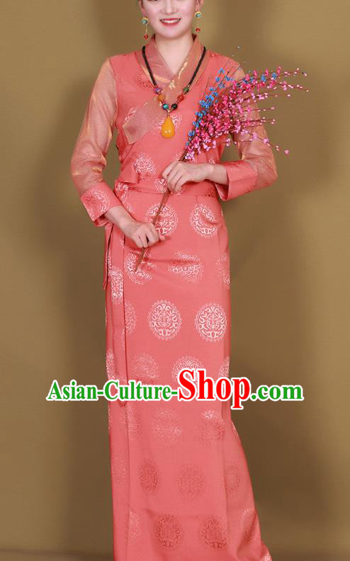 Traditional Chinese Zang Ethnic Pink Heishui Dress Tibetan Minority Folk Dance Costume for Women