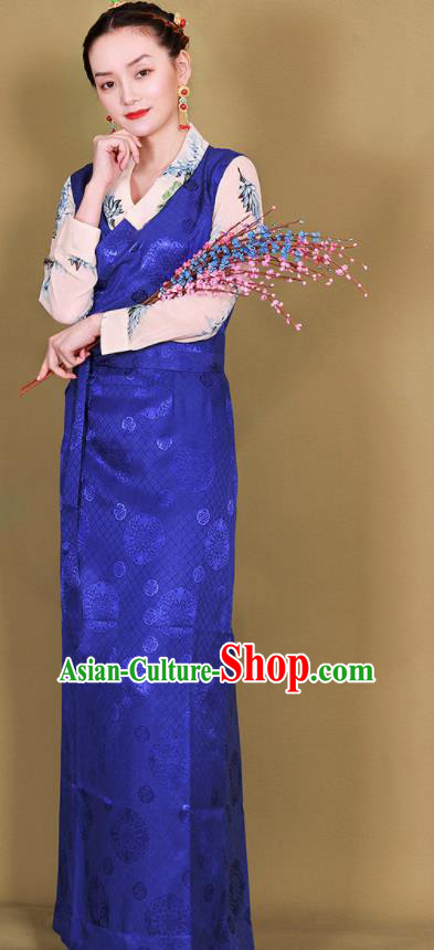 Traditional Chinese Zang Ethnic Royalblue Guozhuang Dress Tibetan Minority Folk Dance Costume for Women