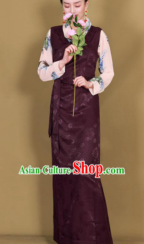Traditional Chinese Zang Ethnic Deep Purple Guozhuang Dress Tibetan Minority Folk Dance Costume for Women