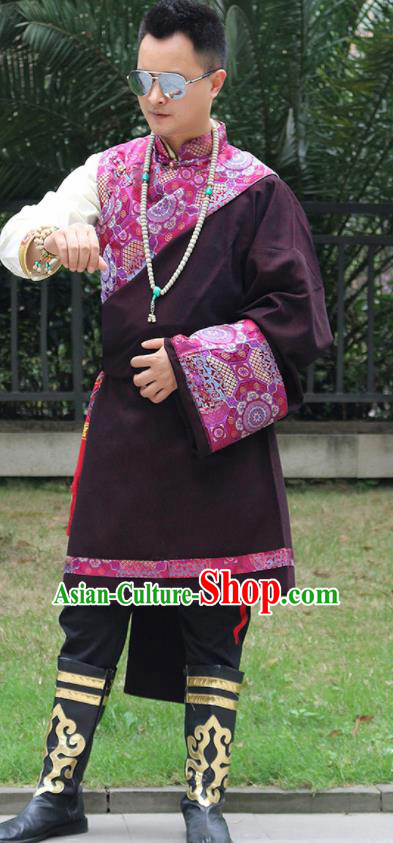 Chinese Traditional Ethnic Deep Purple Tibetan Robe Zang Nationality Costume for Men