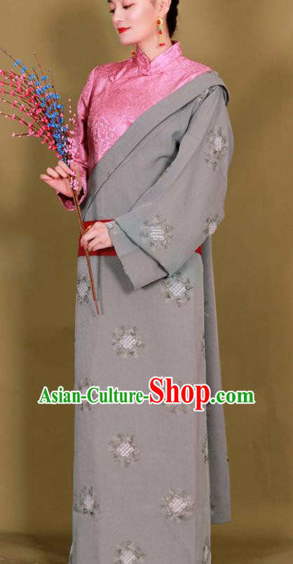 Traditional Chinese Zang Ethnic Grey Guozhuang Dress Tibetan Minority Folk Dance Costume for Women